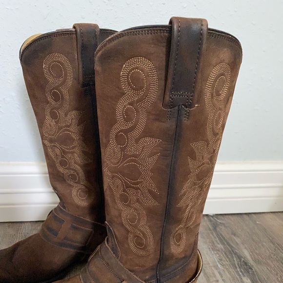 Rudel Womens Brown Leather Western Cowboy Harness Buckle Boots Square Toe 4.5E - Picture 2 of 12